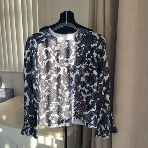 Democracy Gray Mohair Blend Pullover Blue Floral Long Bell Sleeve Sweater Large